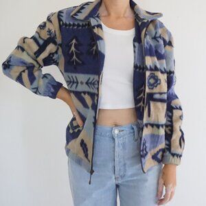 Vintage Teddi Blue Tan Fleece Geometric Leaf Diamond Zip Jacket Petite S